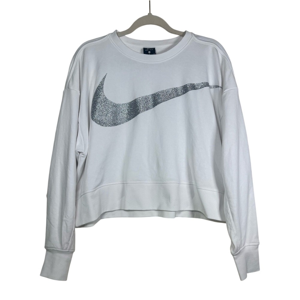 Nike‎ Dri-FIT Get Fit Fleece Sparkle Crew Crop Sweatshirt White Silver M